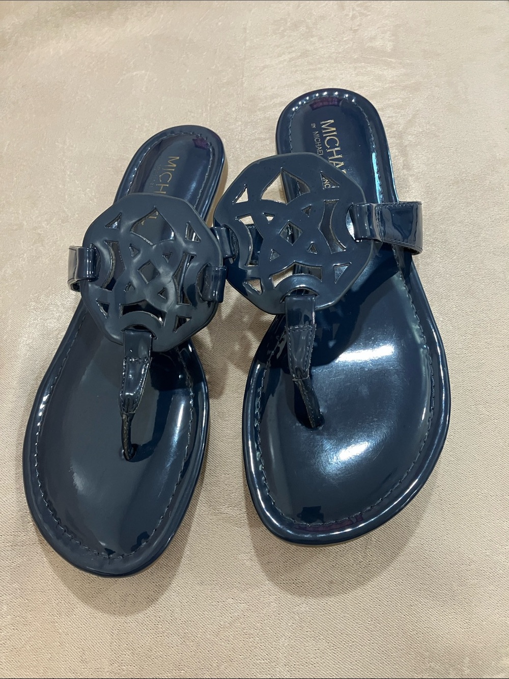 Michael Shannon Navy Patent Cutout Thong Sandals